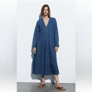 ZARA Long V-Neck Denim Dress Pleat Detail Size XS